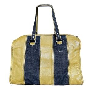 Vintage Large Leather & Denim Tote Bag Handbag 14.5”x11”x8” Mustard Yellow